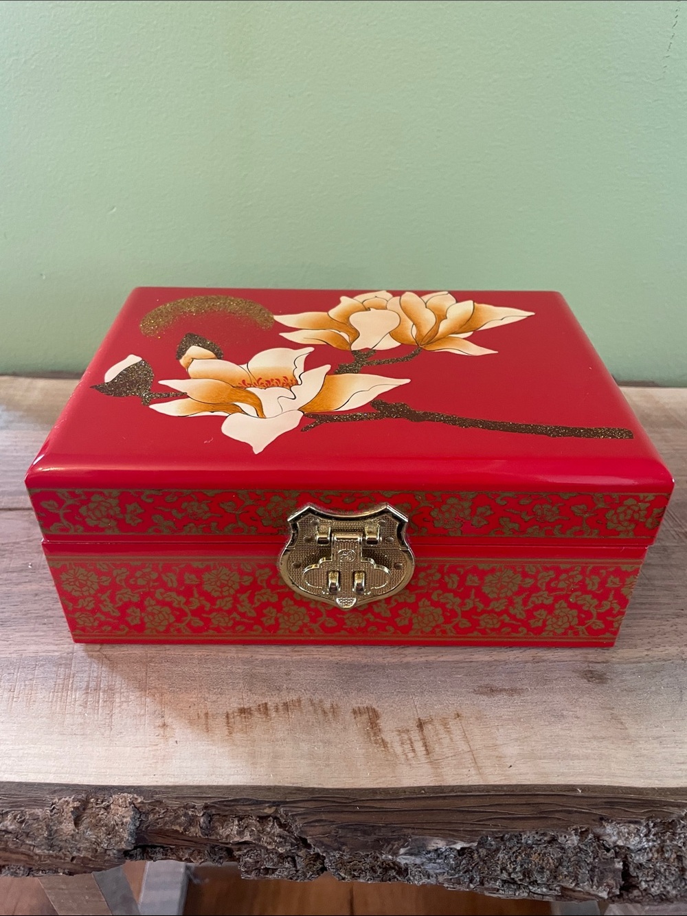 Red Floral Lacquer Jewelry Box with Gold Accent